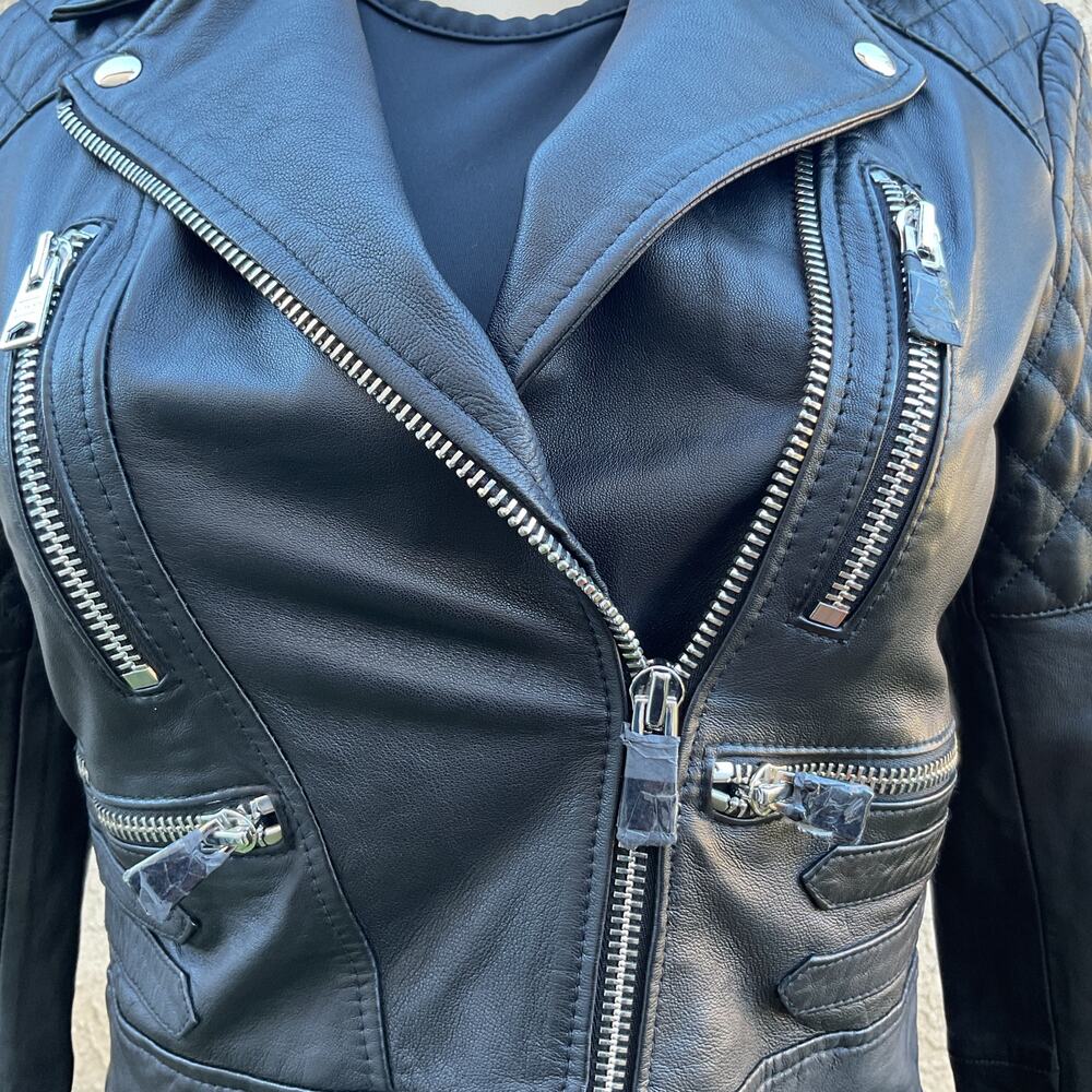 AllSaints Black Leather Moto Biker Jacket NWT Quilted Cropped Women US 2 - Picture 6 of 13